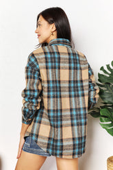 Double Take Plaid Curved Hem Shirt Jacket with Breast Pockets OutfitFlow